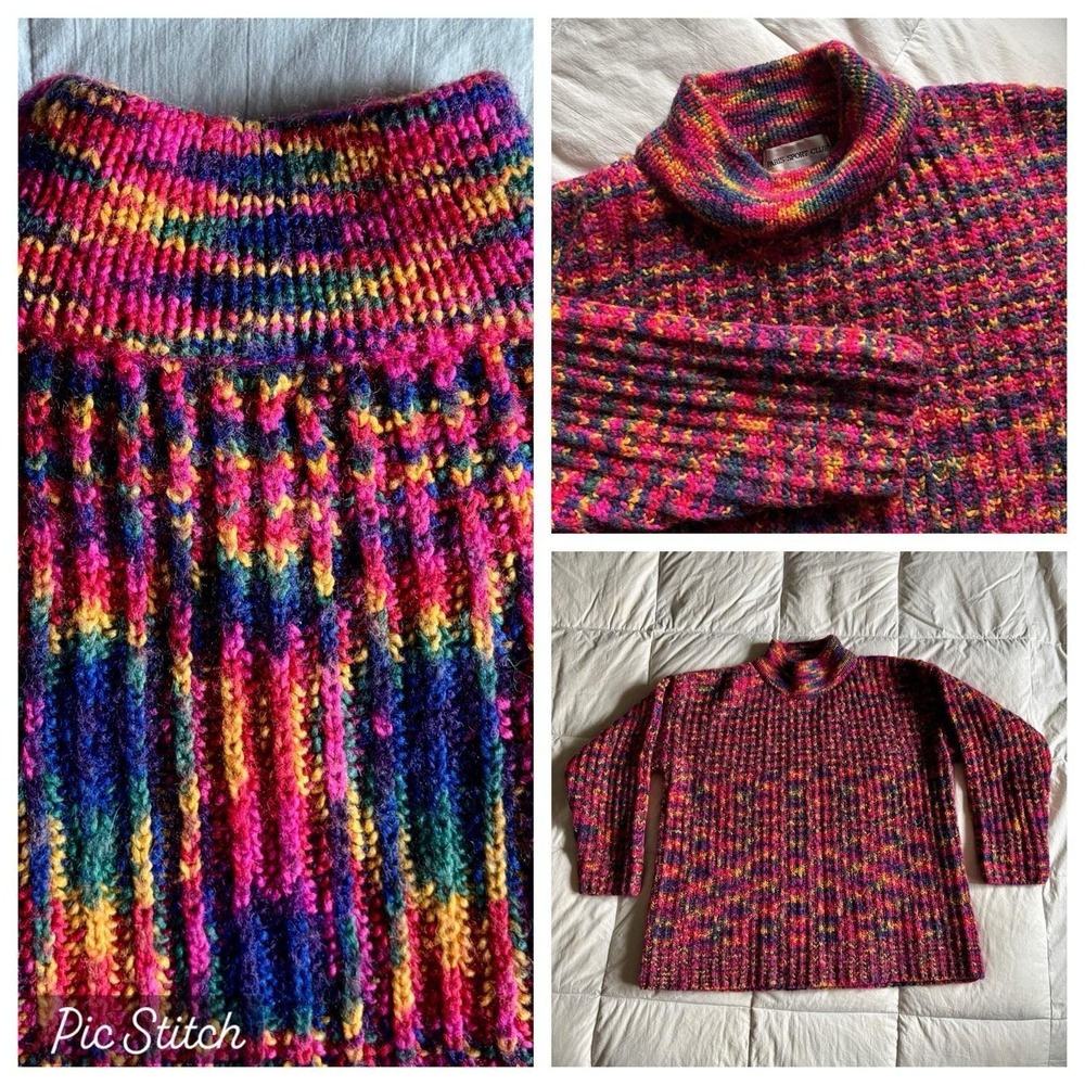 Vintage 90s Paris Sport Club Rainbow Chunky Knit Sweater Womens M Wool Blend EUC